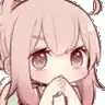 a close up of a pink anime girl with her hands folded .