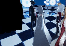 a group of people standing on a checkerboard floor