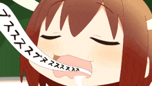 a cartoon drawing of a girl with chinese writing on her tongue