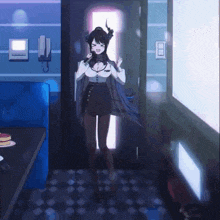 a cartoon of a girl with horns singing into a microphone