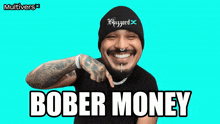 a man wearing a beanie and a black shirt with the words bober money on it
