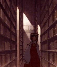 a girl in a red dress is walking down a hallway filled with bookshelves .
