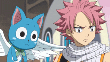 a boy with pink hair and a blue cat with white wings
