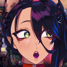 a close up of a girl 's face with a surprised expression