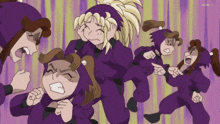 a group of cartoon characters in purple uniforms with the letters nhke on the bottom
