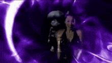 a woman in a black dress is standing in front of a purple background with a crescent moon .