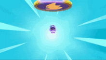 a cartoon character is flying through the air with a purple and blue background
