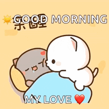 a cartoon of a cat and a dog hugging each other and saying `` good morning my love '' .