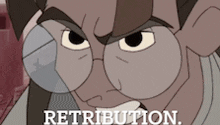 a close up of a cartoon character with the word retribution on the bottom right
