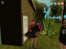 a man in a raiders shirt is carrying another man in a video game