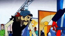 a cartoon man with a beard and a blue hat is standing in front of a robot .
