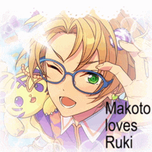 a picture of a boy with glasses and the words makoto loves ruki below it