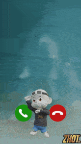 a cartoon character is holding a green phone and a red phone with the word holiday on the bottom