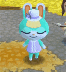 a blue and white bunny wearing a hat and a purple dress