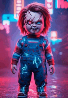 chucky is a creepy doll from the movie child's play standing on a wet street .