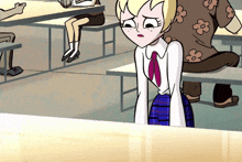 a girl in a plaid skirt is sitting at a table with other people