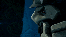 a close up of a video game character with a red eye