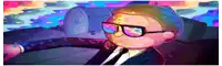 a cartoon character wearing glasses and a suit is sitting in a car