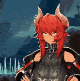 a cartoon character with red hair and horns is holding a sword