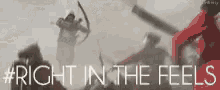 a blurred image of a man holding a bow and arrow with the words right in the feels above him