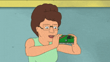 a cartoon of a woman with glasses taking a picture with a flashlight