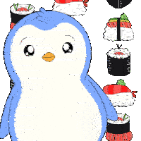 a penguin is surrounded by sushi rolls and looks at the camera