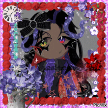 a picture of a person with flowers and a clock that says picmix on it