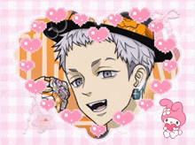 a pixel art of a boy wearing a hat with hearts around it
