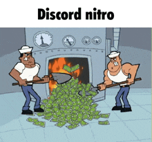 a cartoon of two men shoveling money into a fireplace .