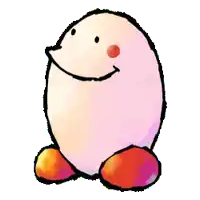 a cartoon drawing of kirby with a smile on his face and red feet .