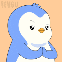 a blue and white penguin with the word pengu on the bottom left