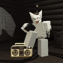 a cartoon character is standing next to a boom box
