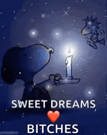 snoopy is holding a candle and says sweet dreams bitches