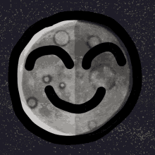 a black and white drawing of a half moon with a smiling face drawn on it