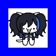 a drawing of a girl with black hair and blue ponytail