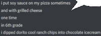 a text that says i put soy sauce on my pizza sometimes and with grilled cheese