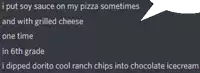 a text that says i put soy sauce on my pizza sometimes and with grilled cheese