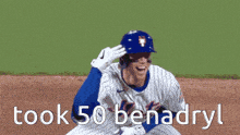 a baseball player with the word benadryl written on the bottom
