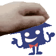 a hand is holding a blue cartoon character with a bow tie and arms .