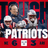 a poster for the patriots shows a man with a microphone in his mouth