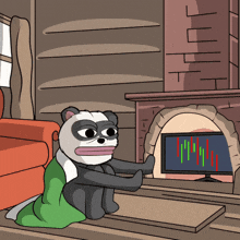 a cartoon of a panda bear sitting in front of a fireplace with a graph on the screen