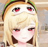 a blonde anime girl wearing a hamburger hat and a mask on her face
