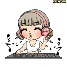 a cartoon of a girl wearing headphones and the word rocking on the bottom