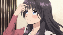 a girl with long black hair and blue eyes is scratching her forehead
