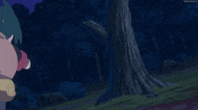 a cartoon character with a backpack looks at a tree in the woods
