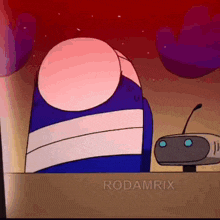 a cartoon character is sitting at a table with a microphone and the word rodamrix on the bottom