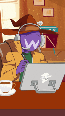 a cartoon of a person wearing headphones and a hat with the letter w on their face