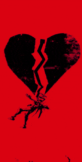 a red background with a black object in the center