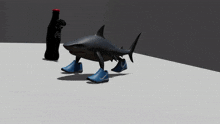 a shark wearing blue nike shoes is standing next to a bottle