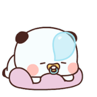 a panda bear is laying on a blanket with a pacifier in its mouth and a bubble above it .